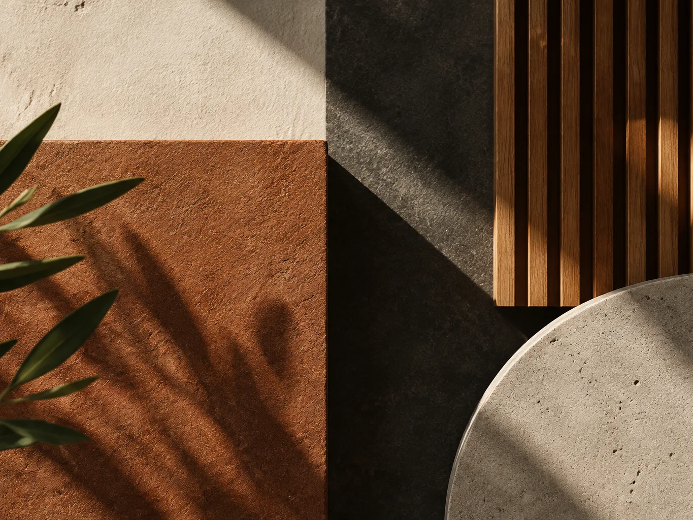 Illustration: Material flat lay of terracotta plaster, cream and dark stone, wooden slats, round travertine, olive leaves casting shadows.