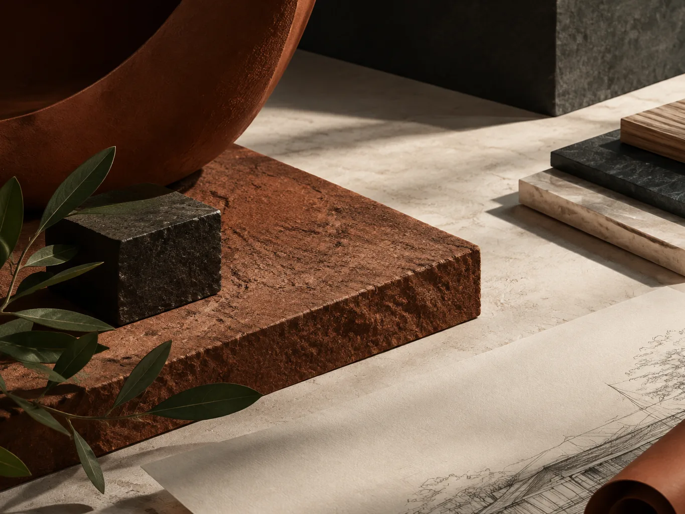 Illustration: Stone and wood material samples, olive branch, rust-colored curved form, and architectural sketch on beige surface.