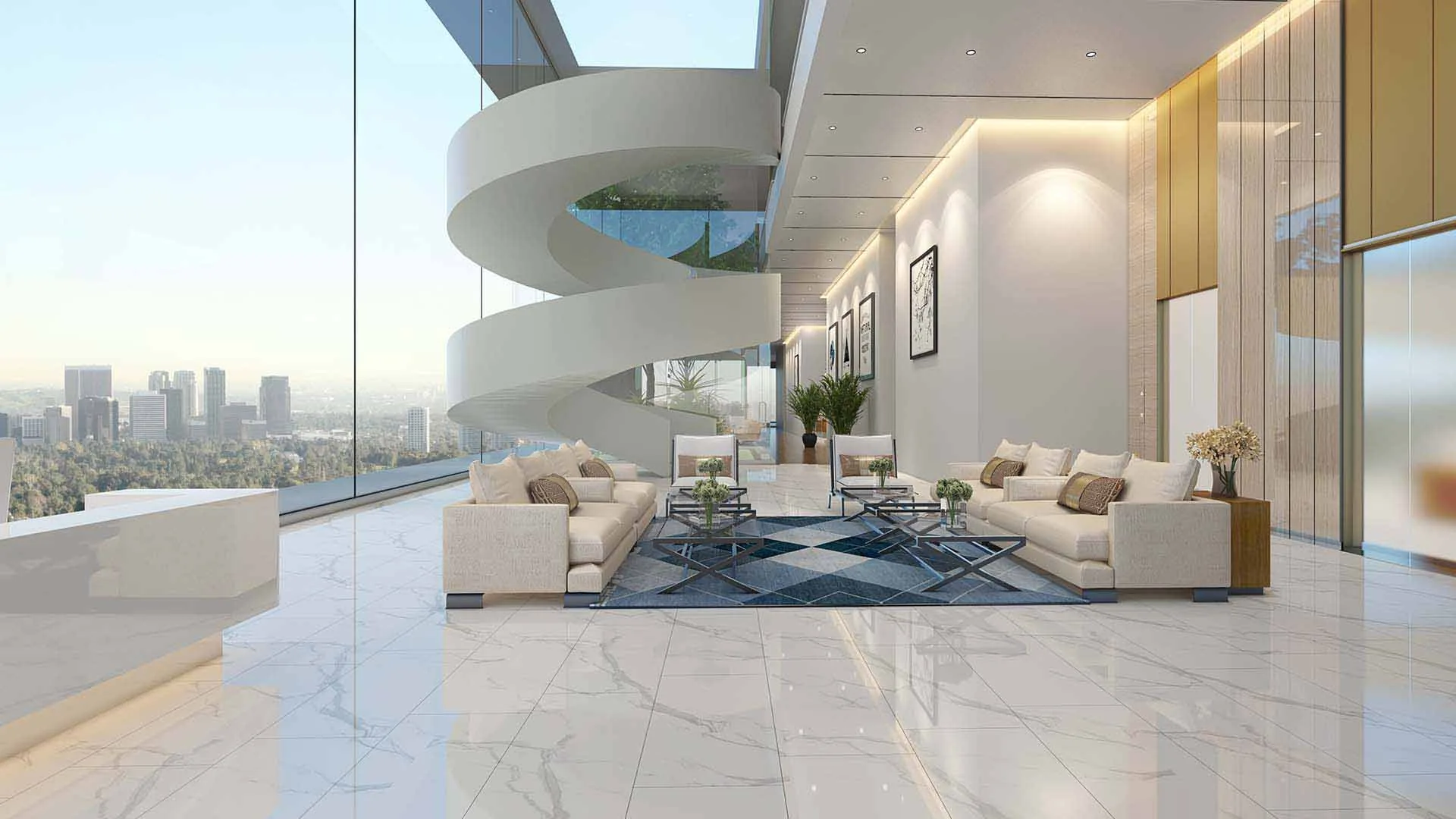 Apex D Rio lobby render with sofas, marble floor, white spiral staircase and city view through glass