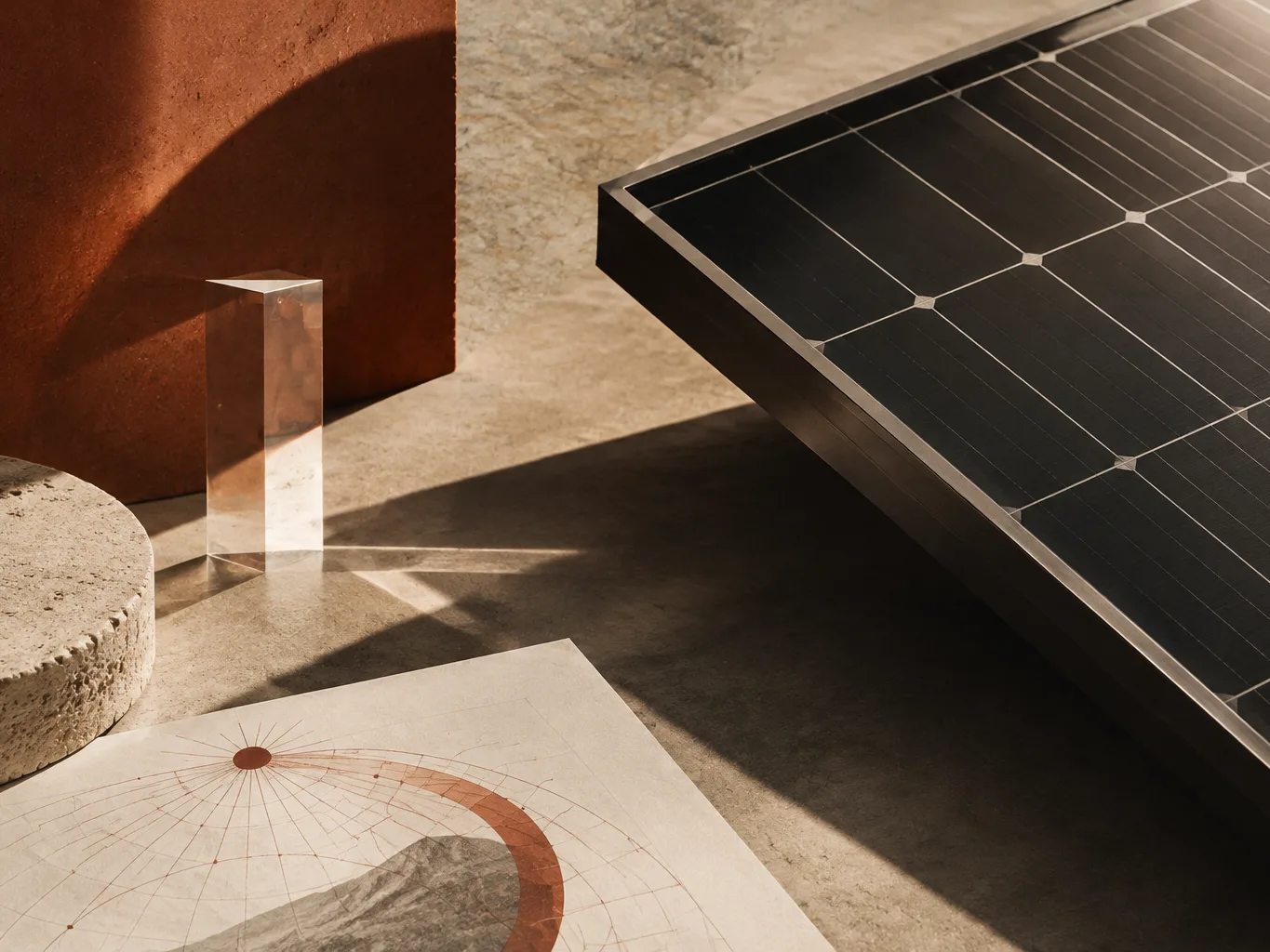 Illustration: A solar panel beside a glass prism, stone disc, rust-colored block, and a sun-path diagram in warm light.