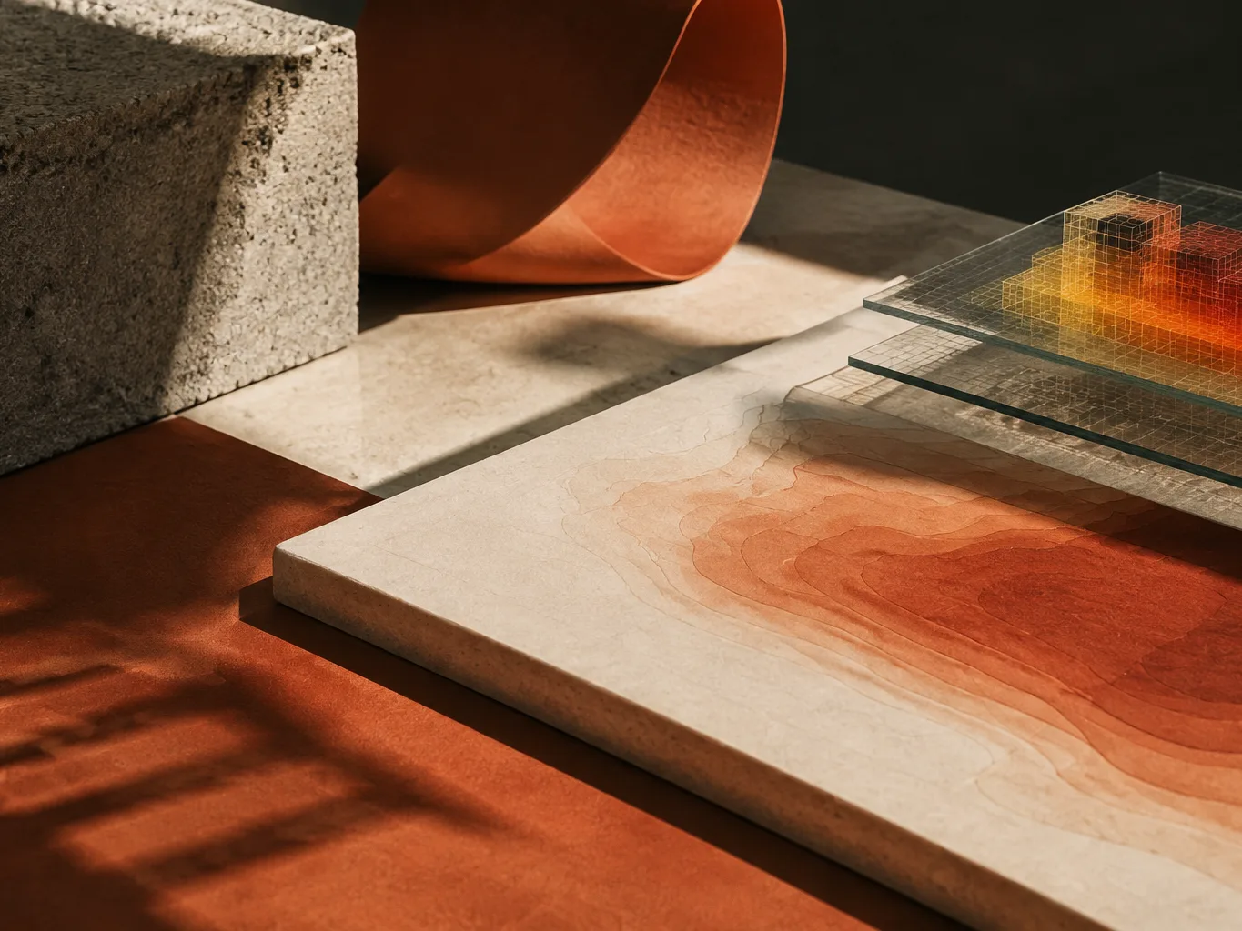 Illustration: Stone slab with orange contour pattern, layered glass panes, concrete block and curled copper ribbon in sunlight.