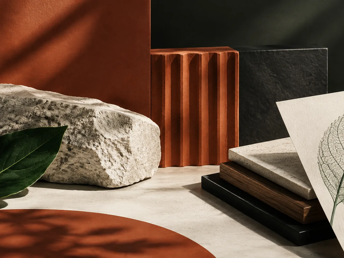 Illustration: Material samples—rough stone, fluted terracotta block, dark slab, stacked tiles, leaf print card—with green leaf in warm shadows.